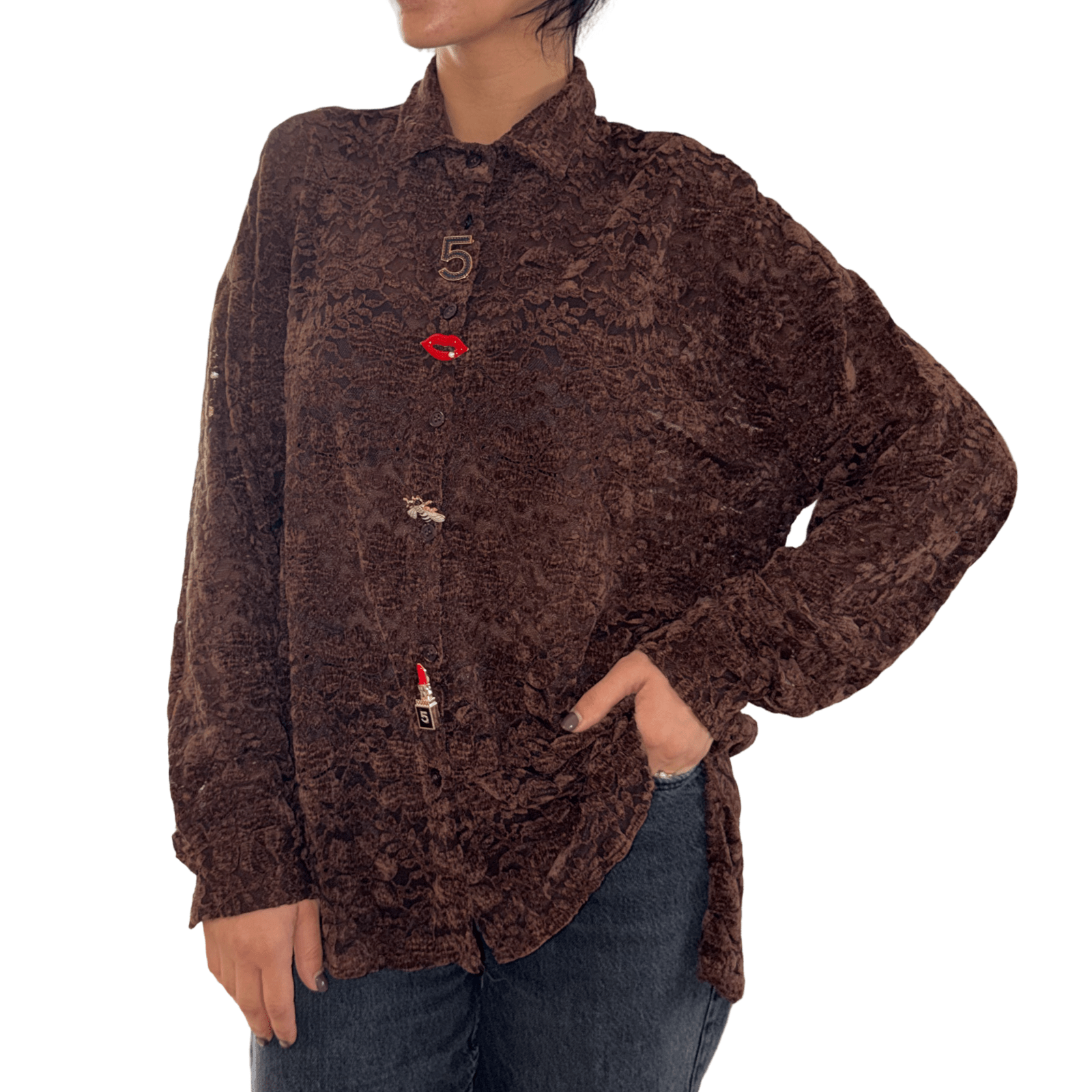 Čipkasta košulja s brosevima – Elegantna i profinjena - AMBER STORE