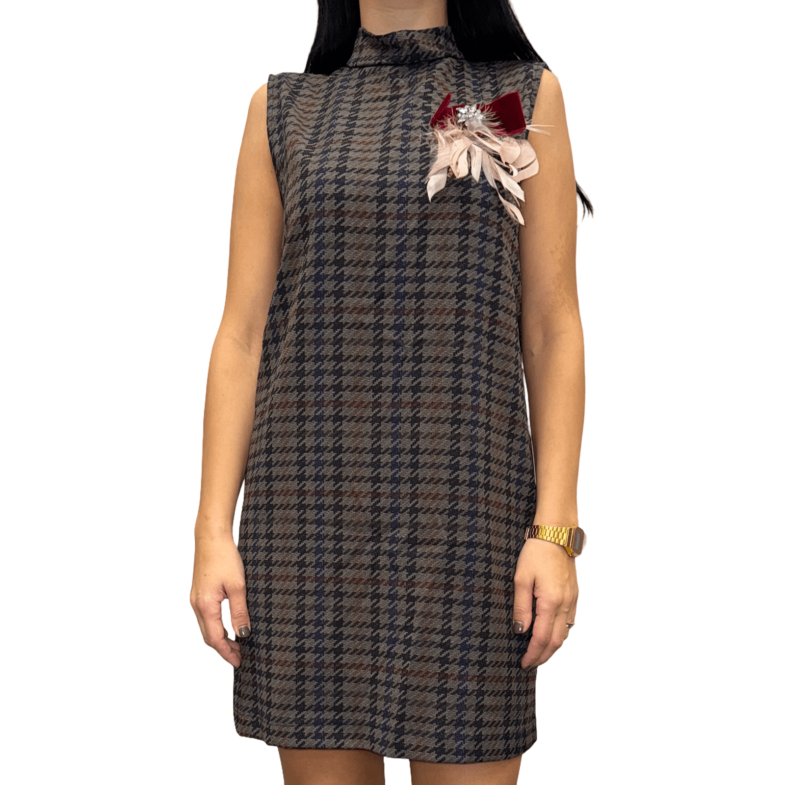 Elegantna karirana haljina bez rukava s ukrasom na ramenu – Jesenski chic stil - AMBER STORE