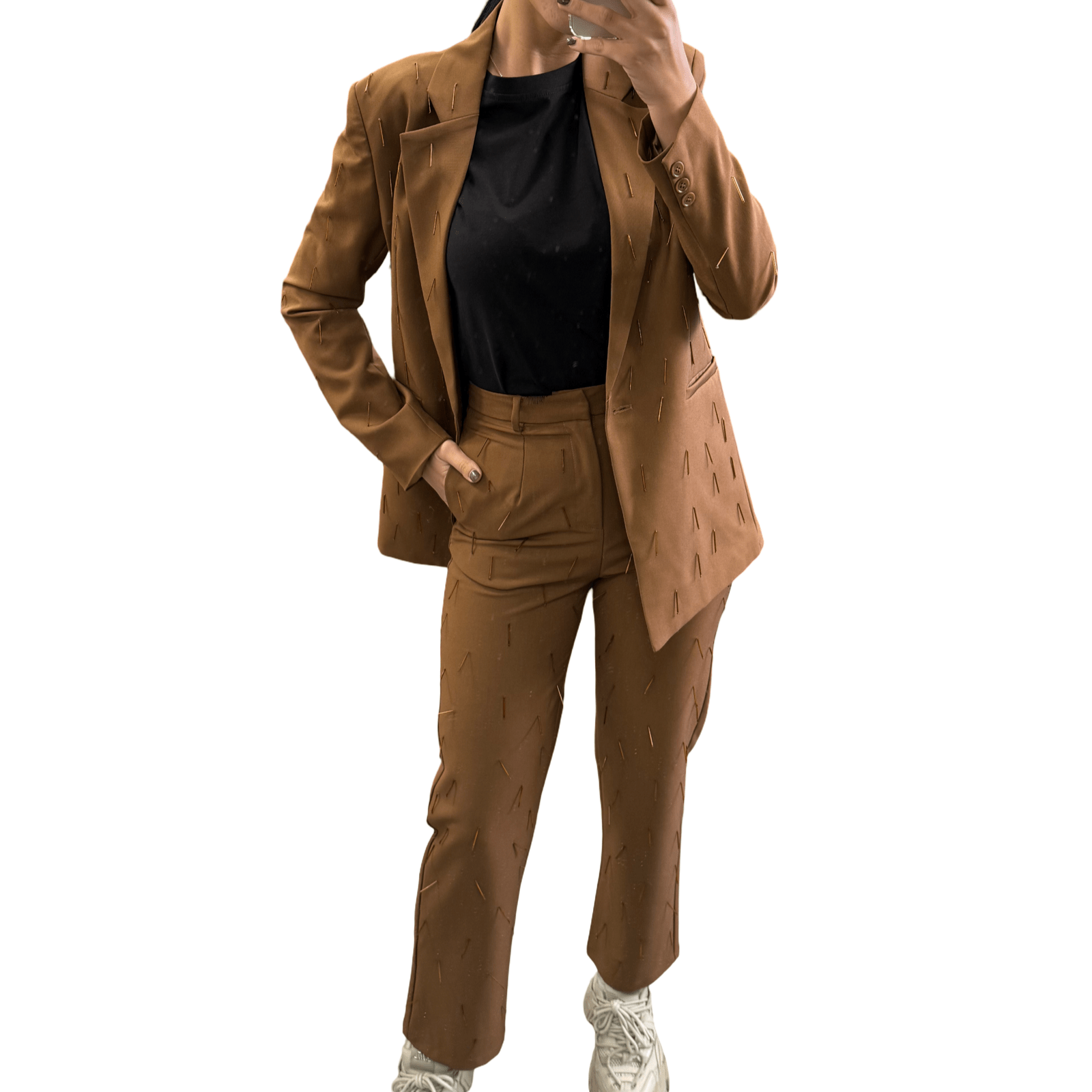 Elegantno Smeđe Žensko Odijelo s Uzorkom - AMBER STORE