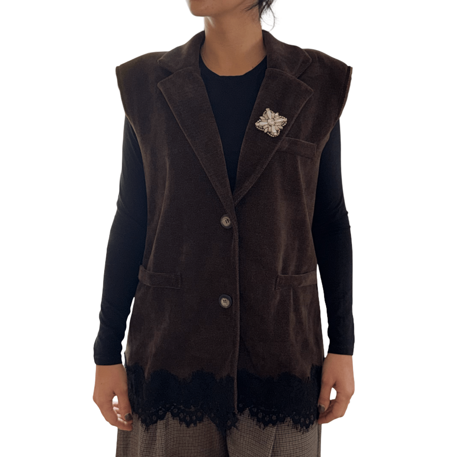 Prsluk od samta s čipkom i brosom – Elegantni retro izgled - AMBER STORE