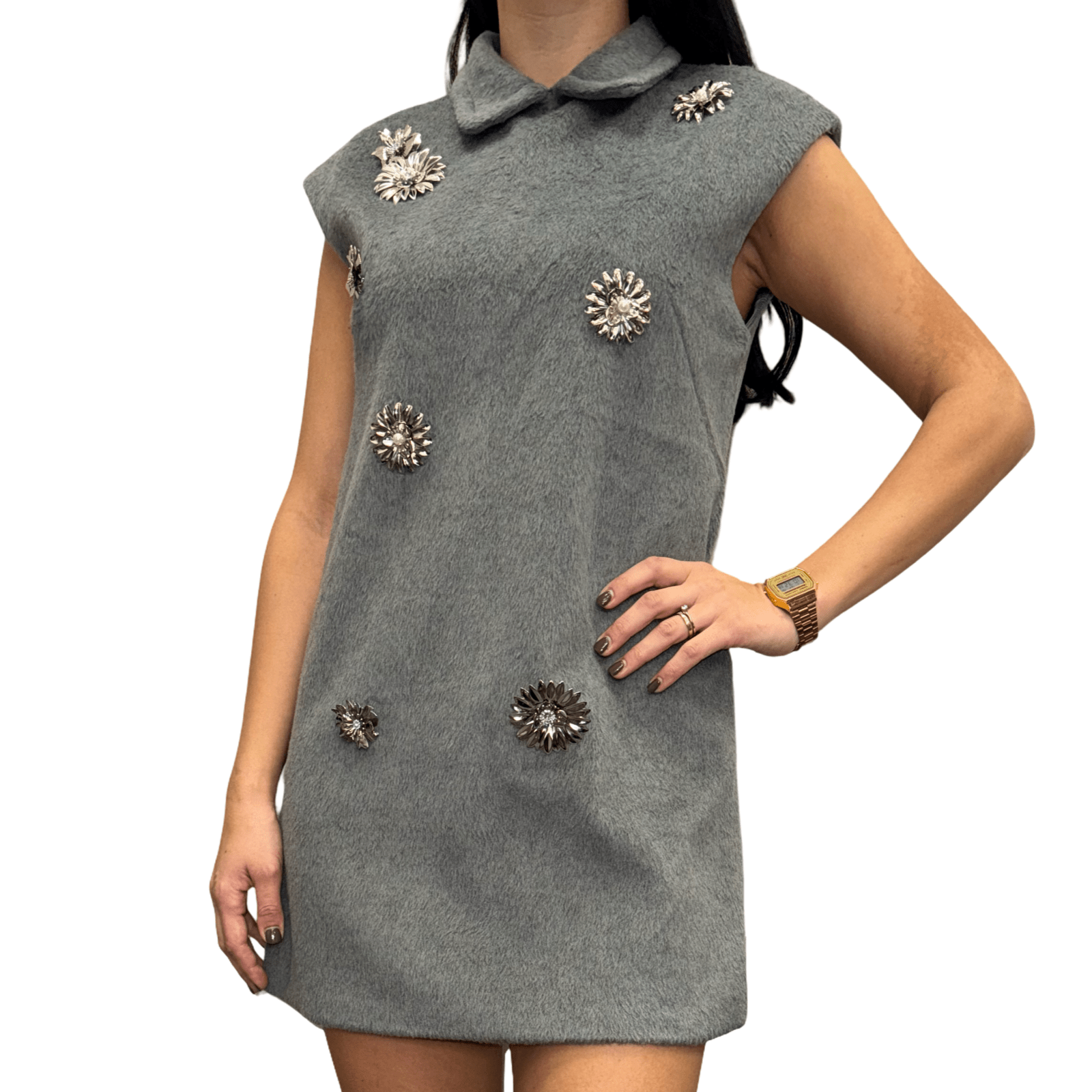 Siva mini haljina s kristalnim detaljima i retro kragnom - AMBER STORE